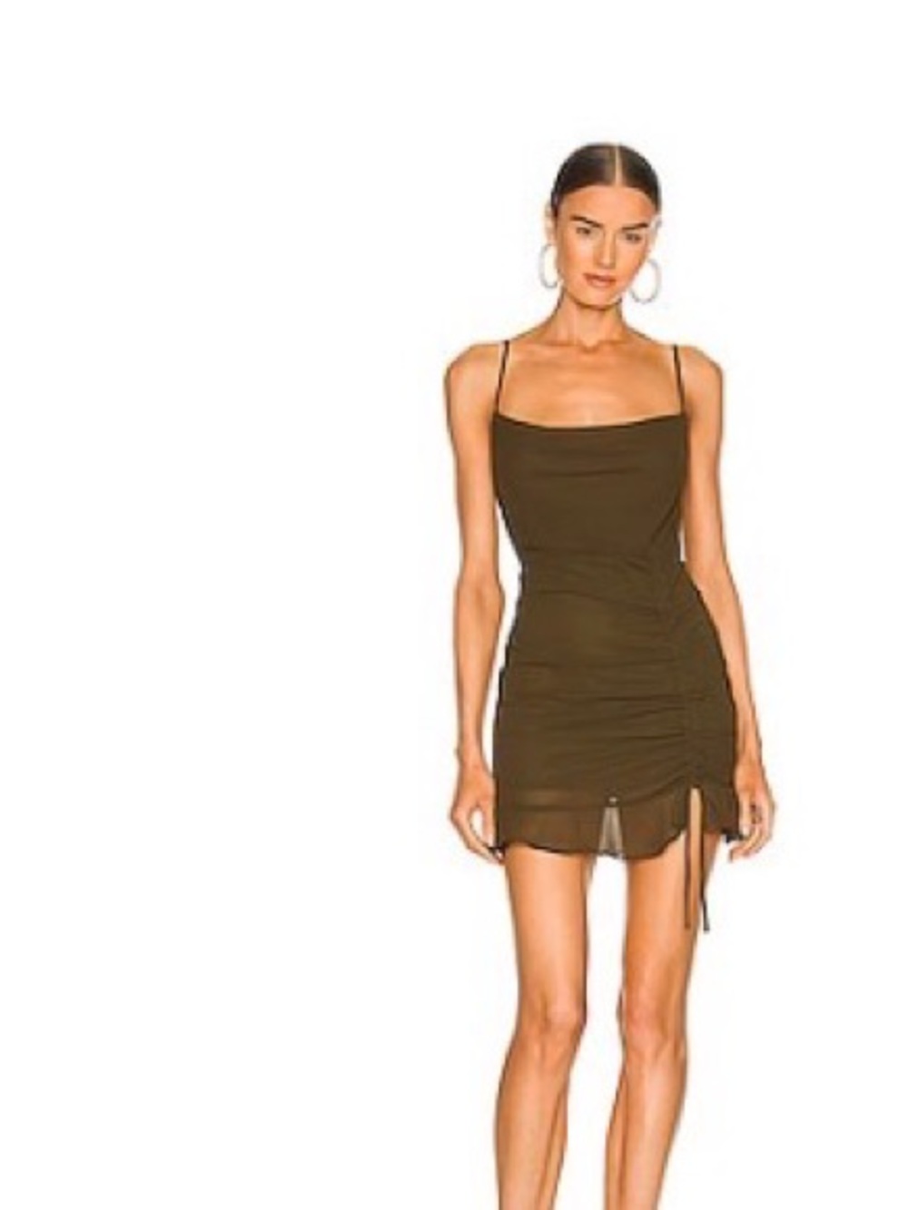 Slim Ruched Olive Mini Dress with Cowl Neck